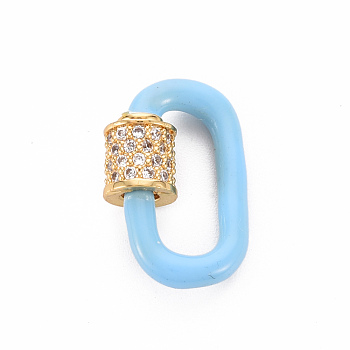Brass Micro Pave Clear Cubic Zirconia Screw Carabiner Lock Charms, with Enamel, for Necklaces Making, Cadmium Free & Nickel Free & Lead Free, Oval, Real 16K Gold Plated, Light Blue, 19x12x2.5mm, Screw: 6x6mm