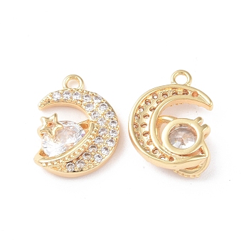 Brass Micro Pave Cubic Zirconia Pendants, with Glass Beads, Moon, Real 18K Gold Plated, 17x13x5mm, Hole: 1.6mm