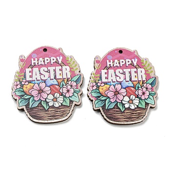 Single Face Printed Wood Pendants, Easter Charms, Flower, 45.5x40.5x2.5mm, Hole: 2mm