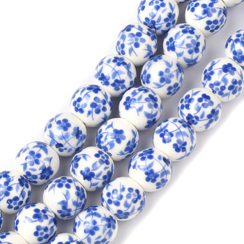 Handmade Flower Printed Porcelain Ceramic Beads Strands, Round, Blue, 8mm, Hole: 2mm, about 42pcs/strand, 13 inch