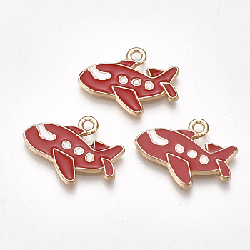 Alloy Airliner Pendants, Cadmium Free & Lead Free, with Enamel, Passenger Airplane, Light Gold, Red, 16x21x2mm, Hole: 2mm