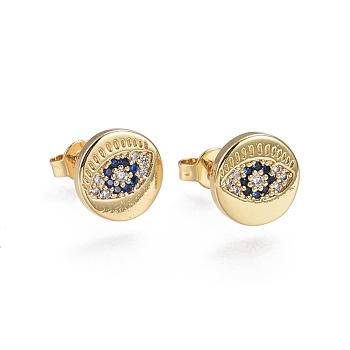 Brass Micro Pave Cubic Zirconia Stud Earrings, Flat Round with Evil Eye, Golden, Colorful, 13.8x9.8x2mm, Pin: 0.7mm