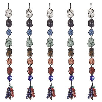 7 Chakra Nuggets Natural Gemstone Pocket Pendant Decorations, Nylon Thread and Gemstone Chip Tassel Hanging Ornaments, Black, 340x22mm