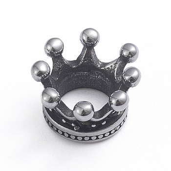 Retro 304 Stainless Steel European Beads, Large Hole Beads, Crown, Antique Silver, 12x6.5mm, Hole: 6mm