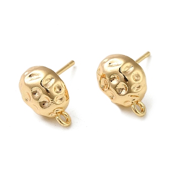 Brass Stud Earring Finding with Loops, Textured Oval, Real 18K Gold Plated, 12x8mm, Hole: 1.4mm, Pin: 10x0.8mm