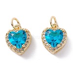 Brass Micro Pave Cubic Zirconia Charms, with Jump Ring, Long-Lasting Plated, Heart, Real 18K Gold Plated, Dark Turquoise, 12.5x10x6.5mm, Hole: 3.6mm(ZIRC-A019-14G-A)