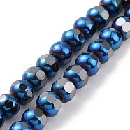 Electroplated Non-magnetic Synthetic Hematite Beads Strands, Faceted, Round, Blue Plated, 6~6.5x5~5.5mm, Hole: 1.4mm, about 73pcs/strand, 15.59~15.75 inch(39.6~40cm)(G-G862-02E)