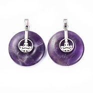 Natural Amethyst Pendants, with Platinum Tone Brass Findings, Donut/Pi Disc with Buddha, 35.5x30x8.5~9.5mm, Hole: 4.5x6.5mm(G-F640-D03)