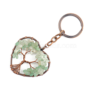 Natural Green Aventurine Pendant Keychains, with Brass Findings and Alloy Key Rings, Heart with Tree of Life, 10.7cm(HEAR-PW0001-148I)