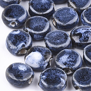 Handmade Porcelain Beads, Fancy Antique Glazed Porcelain, Flat Round, Marine Blue, 10~11x10.5~11x5~5.5mm, Hole: 1.5~2mm(PORC-S498-39B)