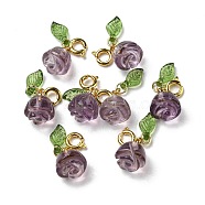 Natural Amethyst Rose Pendant Decorations, Flower Gems Ornament with Brass Spring Ring Clasps, Real 14K Gold Plated, 21mm, Hole: 3mm(G-R489-34G)