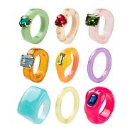 9Pcs 9 Style Resin Finger Rings, Rectangle & Heart, Mixed Color, US Size 6(17mm)~US Size 7 1/4(17.5mm), 2.5~16mm wide, 1pc/style(RJEW-LS0001-07)
