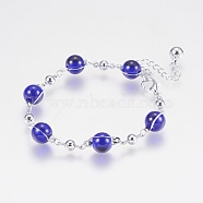 Glass Round Beads Bracelets, with Iron Findings, and Lobster Claw Clasps, Long-Lasting Plated, Round, Platinum, Blue, 6-7/8 inch(175mm)(BJEW-F298-02B)