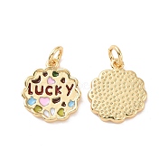 Rack Plating Brass Pendants, with Enamel and Jump Ring, Cadmium Free & Lead Free, Long-Lasting Plated, Flower with Word Lucky, Real 18K Gold Plated, 15x13x2mm, Jump Ring: 5x1mm, Inner Diameter: 3mm(KK-C004-01G)