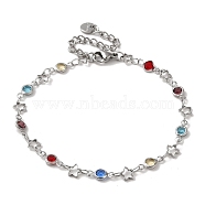 Brass Star Link Chain Bracelets, with Colorful Glass Beads, Platinum, 9-3/4 inch(24.8cm)(BJEW-L685-03P)