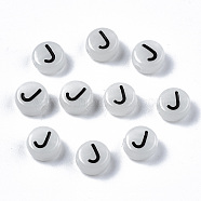 Acrylic Beads, with Enamel and Luminous, Horizontal Hole, Flat Round with Black Letter, Glow in the Dark, Light Grey, Letter.J, 7x3.5mm, Hole: 1.5mm, about 3600~3700pcs/500g(SACR-S273-29J)