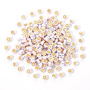 White Opaque Acrylic Beads, Flat Round with Heart & Flower & Moon & Star, Goldenrod, 7x4mm, Hole: 1.6mm, 200pcs/set(MACR-YW0001-19F)