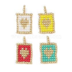 Handmade Loom Pattern Seed Beads, Round Glass Seed Beads, Rectangle with Heart Pendant, Mixed Color, 25x15x2mm, Hole: 2mm(PALLOY-MZ00159)