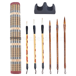 PandaHall Elite 6Pcs 6 Styles Bristle Chinese Calligraphy Brush Pen, with Wooden Pen Holder, 1Pc Bamboo Kintted Pen Roll Up Brush Holder, 1Pc Wooden Brush Holder, Mixed Color, 33x30x0.3cm(AJEW-PH0001-96)