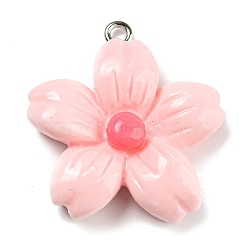 Opaque Resin Pendants, Flower Charms, with Platinum Tone Iron Loops, Pink, 28x26.5x7mm, Hole: 1.6mm(RESI-G078-01J)