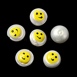 Baroque Natural Keshi Pearl Beads, with Enamel, Freshwater Pearl, Flat Round with Face, Yellow, 17.5~19x17~18x8.5~11mm, Hole: 0.9mm(PEAR-K008-01)