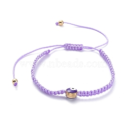 Adjustable Nylon Cord Braided  Bracelet, with Evil Eye Alloy Enamel Beads and Brass Round Beads, Golden, Purple, 1-3/4~3-3/4 inch(4.5~9.5cm)(BJEW-JB05618)