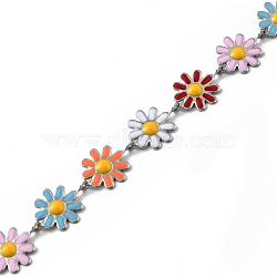 304 Stainless Steel Flower Link Chains, with Colorful Enamel, Soldered, with Spool, Stainless Steel Color, 10x1~2mm(CHS-C004-03P)