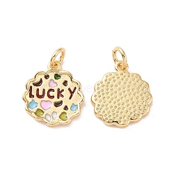 Rack Plating Brass Pendants, with Enamel and Jump Ring, Cadmium Free & Lead Free, Long-Lasting Plated, Flower with Word Lucky, Real 18K Gold Plated, 15x13x2mm, Jump Ring: 5x1mm, Inner Diameter: 3mm(KK-C004-01G)
