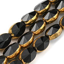 Electroplate Glass Beads Strands, with Golden Plated Edge, Faceted Oval, Black, 8~9x6.5x5mm, Hole: 1.2mm, about 37pcs/strand, 23.78 inch(60.4cm)(EGLA-G037-03A-HP07)