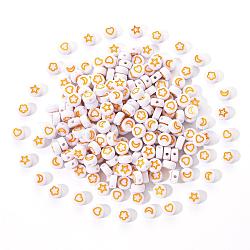 White Opaque Acrylic Beads, Flat Round with Heart & Flower & Moon & Star, Goldenrod, 7x4mm, Hole: 1.6mm, 200pcs/set(MACR-YW0001-19F)