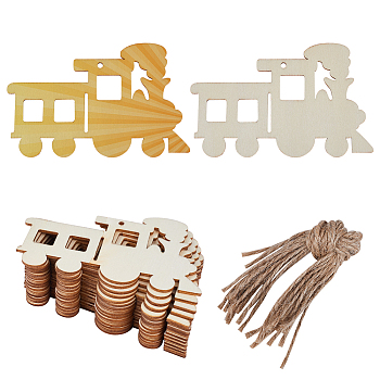 Vehicle Theme Unfinished Blank Wooden Pendants Set for Painting Arts, Pyrography, Home Decor, with Jute Cord, Train, 6.5x11.8x0.2cm, Hole: 3mm, 20pcs