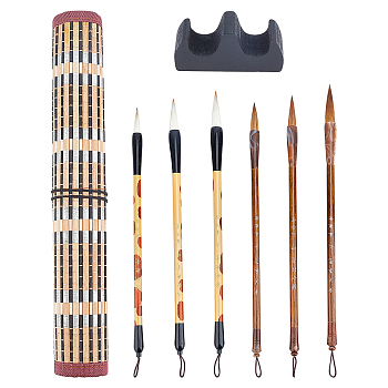 PandaHall Elite 6Pcs 6 Styles Bristle Chinese Calligraphy Brush Pen, with Wooden Pen Holder, 1Pc Bamboo Kintted Pen Roll Up Brush Holder, 1Pc Wooden Brush Holder, Mixed Color, 33x30x0.3cm