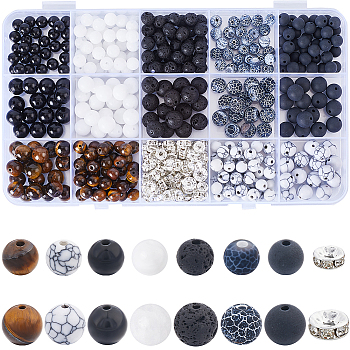 DIY Round Natural Obsidian &  Agate & Lava Rock & Tiger Eye & Synthetic Howlite Jewelry Making Findings Beads Kits, 6~8x3~8mm, Hole: 0.8~1.5mm