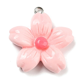 Opaque Resin Pendants, Flower Charms, with Platinum Tone Iron Loops, Pink, 28x26.5x7mm, Hole: 1.6mm