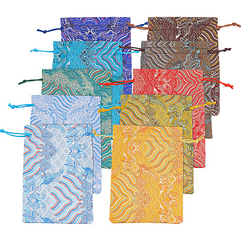 10Pcs 10 Colors Chinese Style Brocade Drawstring Gift Blessing Bags, Jewelry Storage Pouches for Wedding Party Candy Packaging, Rectangle with Wave Pattern, Mixed Color, 18x13x0.08cm, 1pc/color
