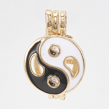 Feng Shui Alloy Enamel Diffuser Locket Pendants, Cage Pendants, Flat Round with YinYang, Black & White, Golden, 22.5x15x10mm, Hole: 3.5x4.5mm, Inner Diameter: 8.5mm