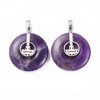 Natural Amethyst Pendants, with Platinum Tone Brass Findings, Donut/Pi Disc with Buddha, 35.5x30x8.5~9.5mm, Hole: 4.5x6.5mm