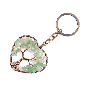 Natural Green Aventurine Pendant Keychains, with Brass Findings and Alloy Key Rings, Heart with Tree of Life, 10.7cm