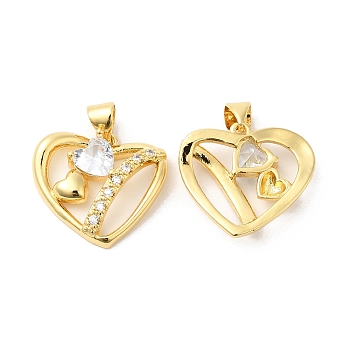 Brass Micro Pave Clear Cubic Zirconia Pendants, Heart Charms, Real 16K Gold Plated, 18x20x4mm, Hole: 5x3.5mm