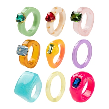 9Pcs 9 Style Resin Finger Rings, Rectangle & Heart, Mixed Color, US Size 6(17mm)~US Size 7 1/4(17.5mm), 2.5~16mm wide, 1pc/style