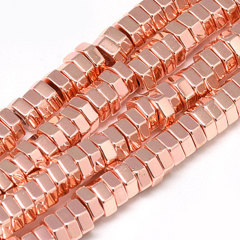 Electroplate Non-magnetic Synthetic Hematite Beads Strands, Hexagon, Rose Gold Plated, 6x5.5x2mm, Hole: 2mm, about 182pcs/strand, 16.1 inch