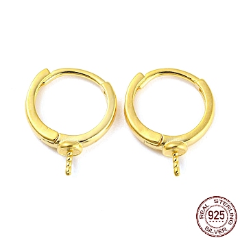 925 Sterling Silver Hoop Earring Findings, for Half Drilled Beads, with S925 Stamp, Real 18K Gold Plated, 21 Gauge, 13.5x10.5x1.5mm, Pin: 0.7mm