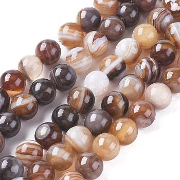 Natural Striped Agate/Banded Agate Beads Strands, Dyed & Heated, Round, Sienna, 6mm, Hole: 1mm, about 63pcs/strand, 14.57 inch(37cm)