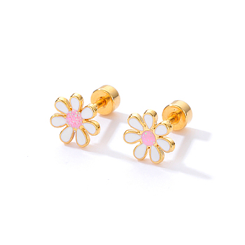 Real 18K Gold Plated Stainless Steel Stud Earrings for Women, Daisy Flower, White, No Size