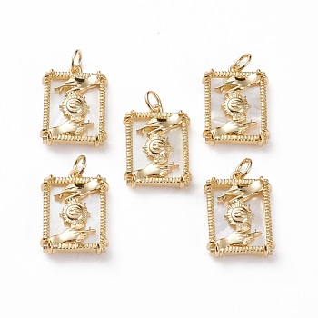 Natural Shell Pendants, with Brass Findings, Rectangle with Hand & Sun, Golden, 20.5x14.5x4.5mm, Jump Ring: 5.5x1mm, Hole: 3.5mm