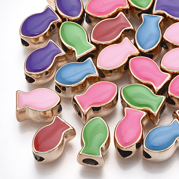 UV Plating Acrylic European Beads, with Enamel, Large Hole Beads, Fish, Mixed Color, Light Gold, 14x9x9mm, Hole: 5mm