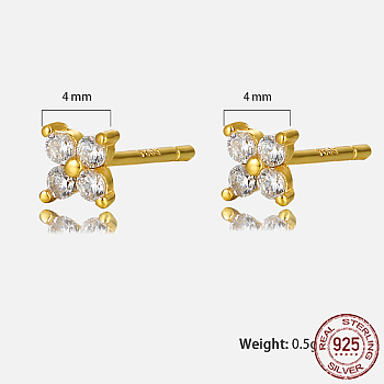 Golden Sterling Silver Flower Stud Earrings, with Cubic Zirconia, with S925 Stamp, Clear, 4x4mm