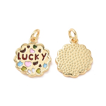 Rack Plating Brass Pendants, with Enamel and Jump Ring, Cadmium Free & Lead Free, Long-Lasting Plated, Flower with Word Lucky, Real 18K Gold Plated, 15x13x2mm, Jump Ring: 5x1mm, Inner Diameter: 3mm