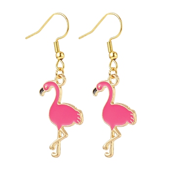 Deep Pink Enamel Flamingo Dangle Earrings, 304 Stainless Steel Jewelry for Women, Golden, 48.5mm, Pin: 0.6mm