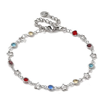 Brass Star Link Chain Bracelets, with Colorful Glass Beads, Platinum, 9-3/4 inch(24.8cm)